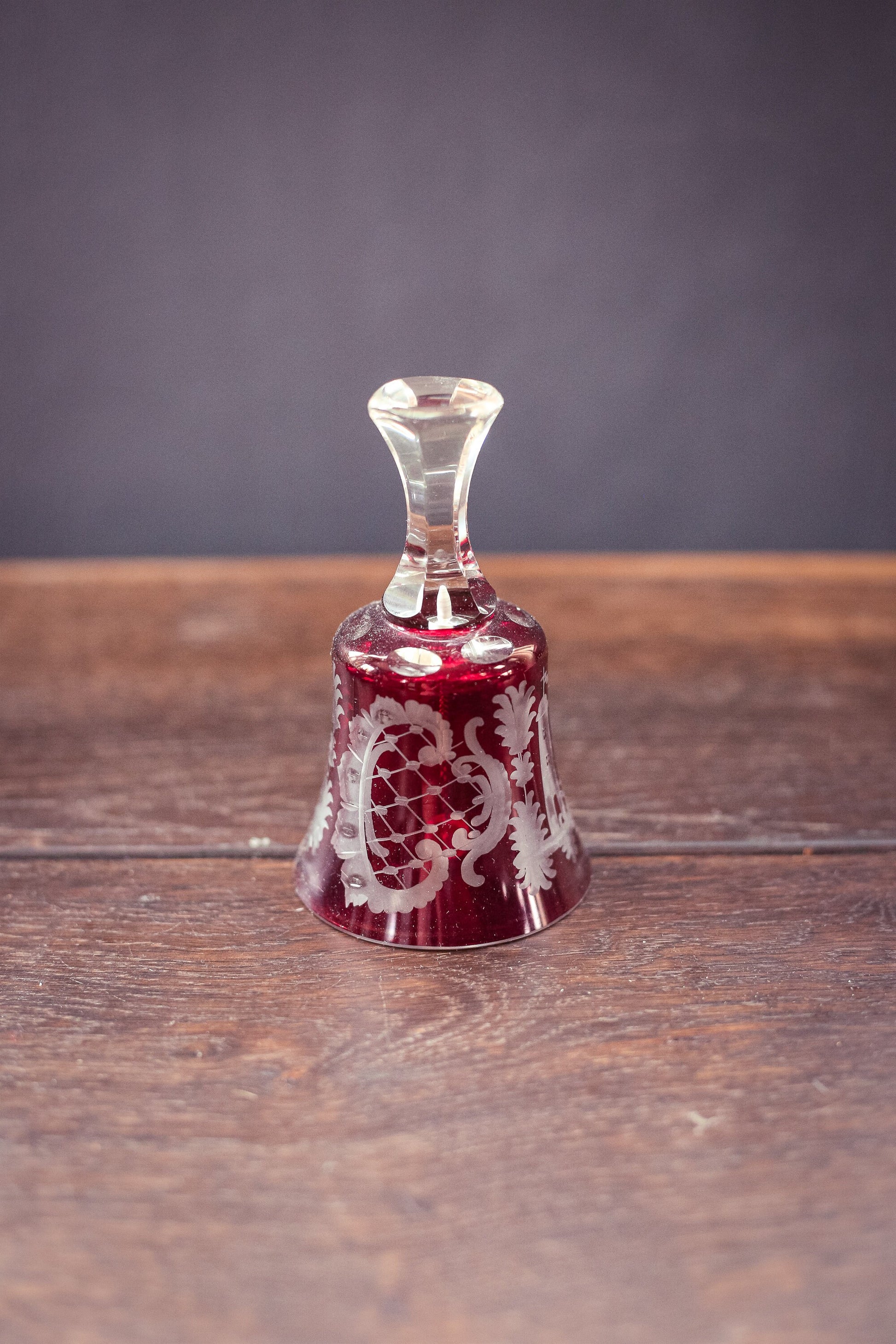 Red Carved Crystal Bell with Tower and Reindeer - Vintage Cut Glass Bell