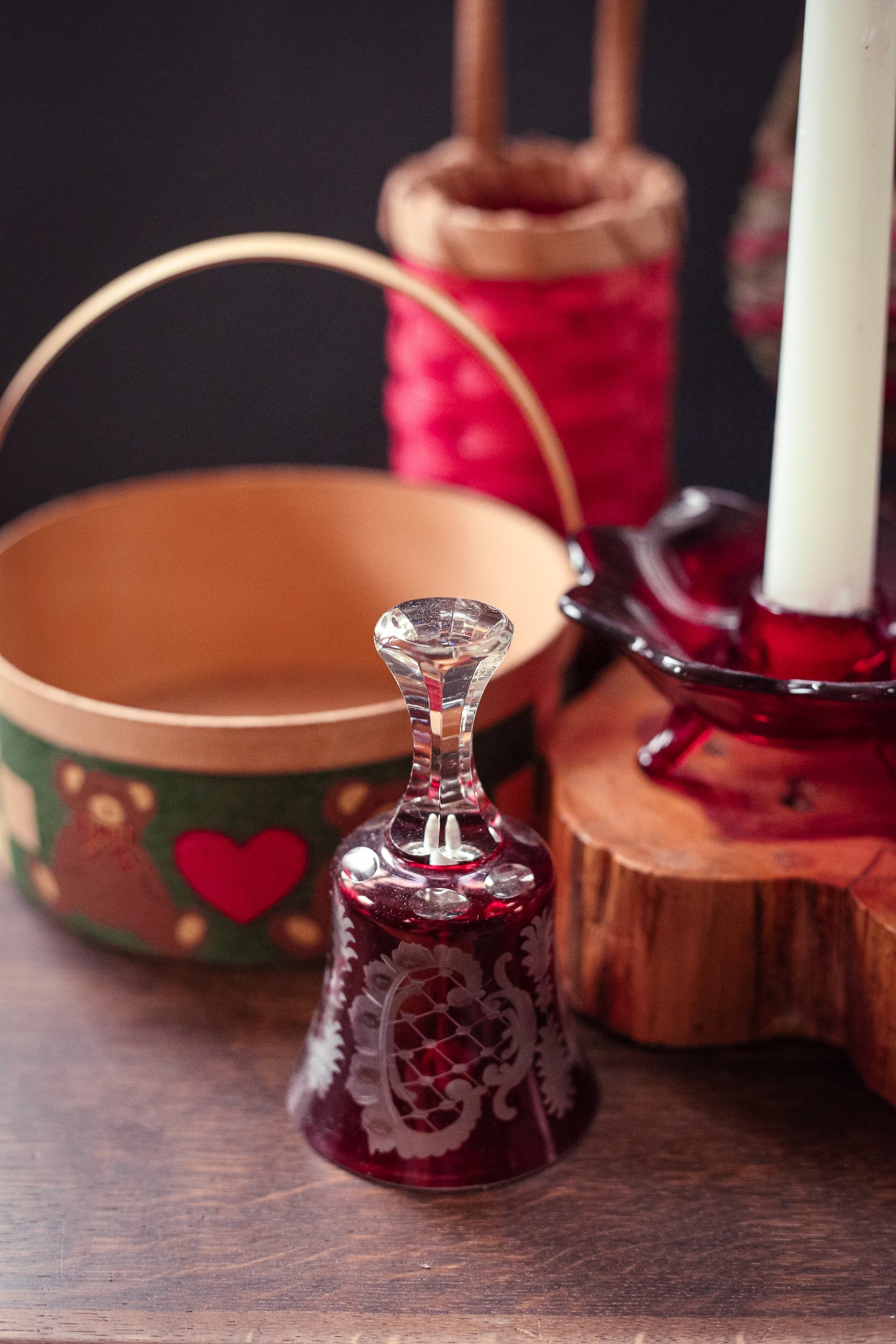 Red Carved Crystal Bell with Tower and Reindeer - Vintage Cut Glass Bell