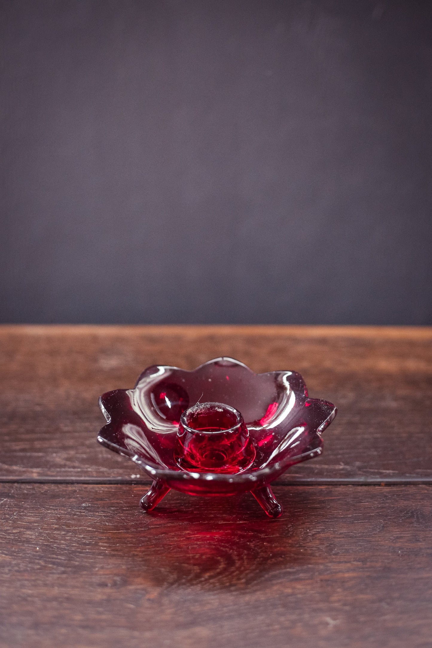 Red Lotus Glass Candle Holder - Vintage Fenton Amberina Ruby Red Candle Base