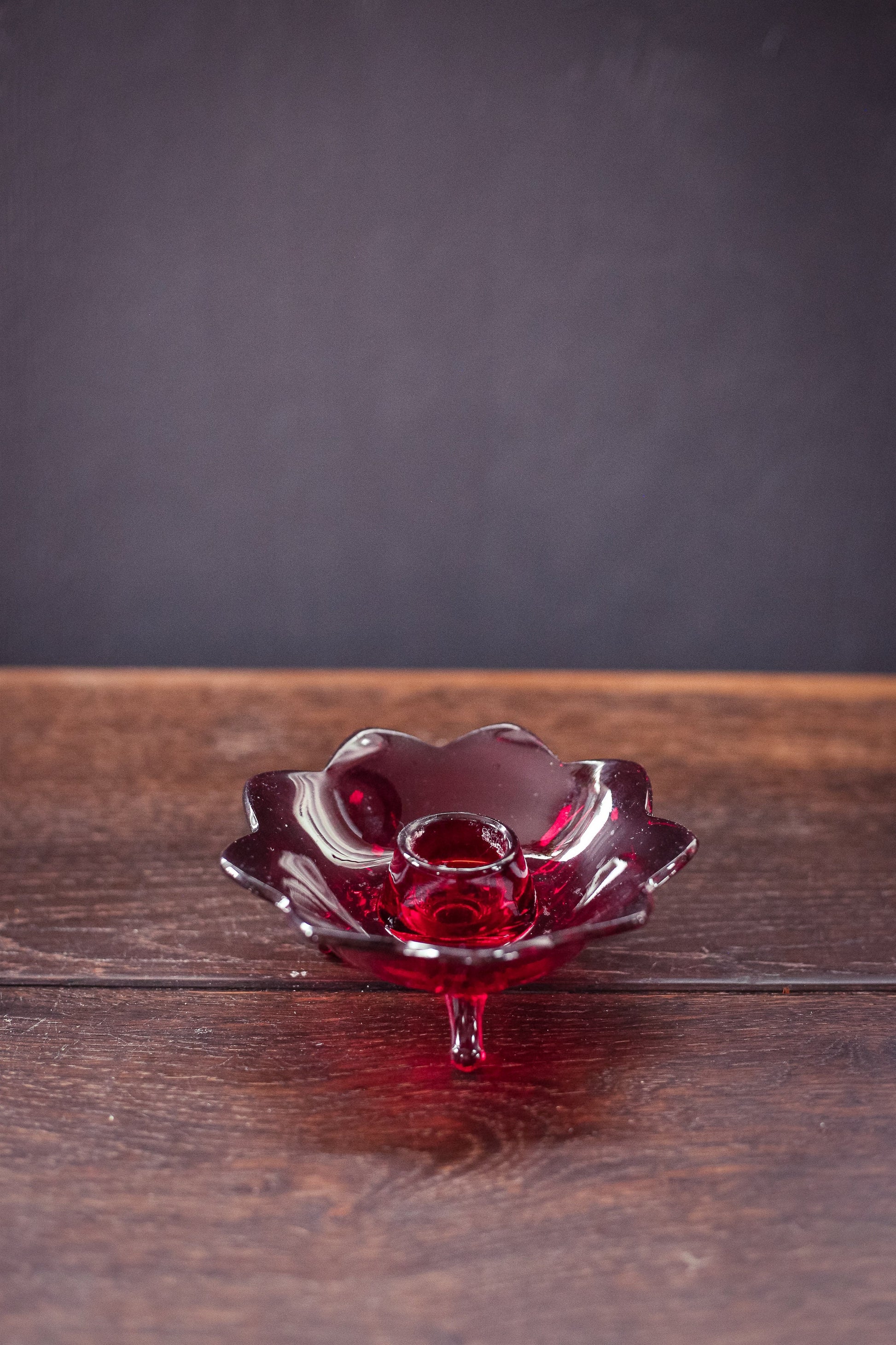 Red Lotus Glass Candle Holder - Vintage Fenton Amberina Ruby Red Candle Base