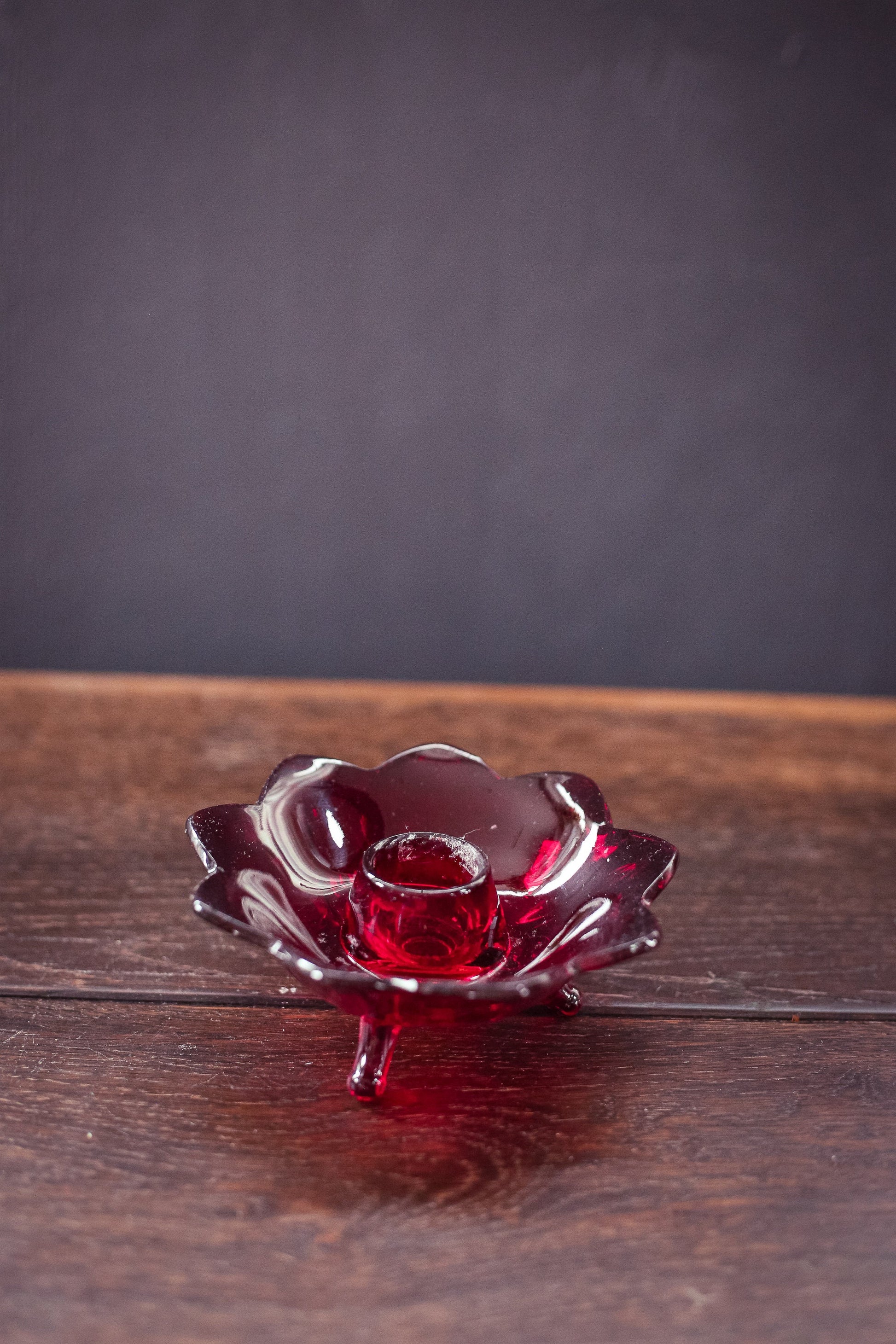 Red Lotus Glass Candle Holder - Vintage Fenton Amberina Ruby Red Candle Base