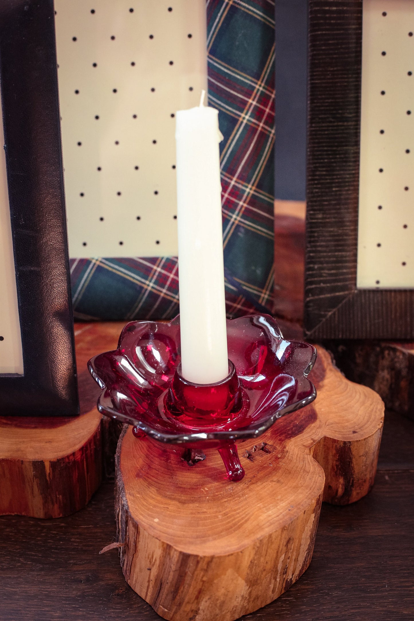 Red Lotus Glass Candle Holder - Vintage Fenton Amberina Ruby Red Candle Base