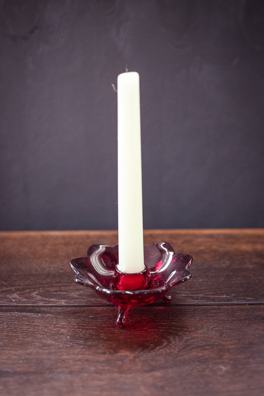 Red Lotus Glass Candle Holder - Vintage Fenton Amberina Ruby Red Candle Base