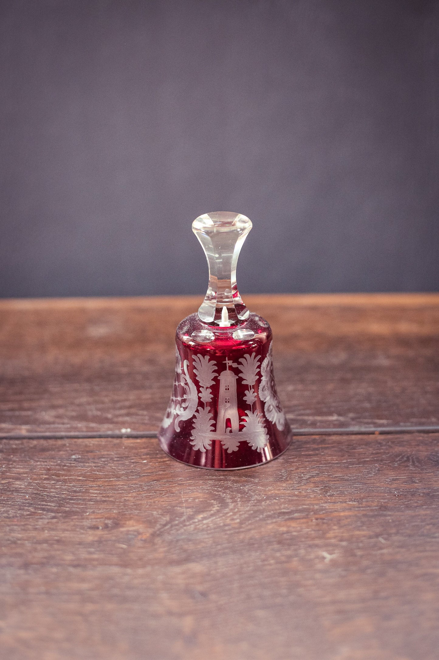 Red Carved Crystal Bell with Tower and Reindeer - Vintage Cut Glass Bell