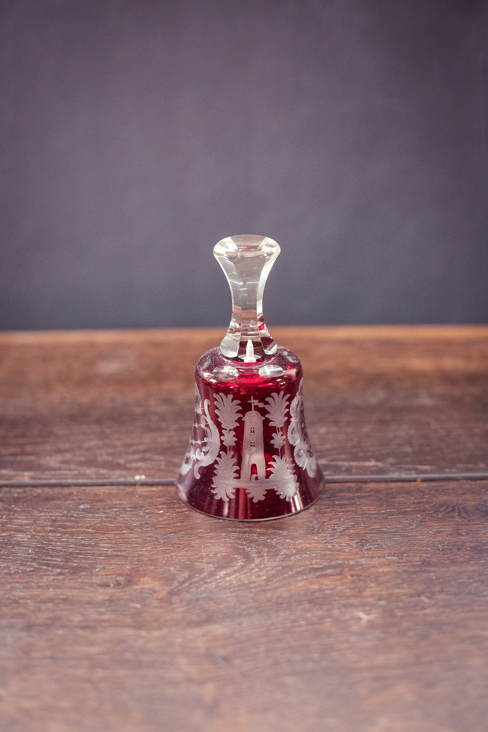 Red Carved Crystal Bell with Tower and Reindeer - Vintage Cut Glass Bell