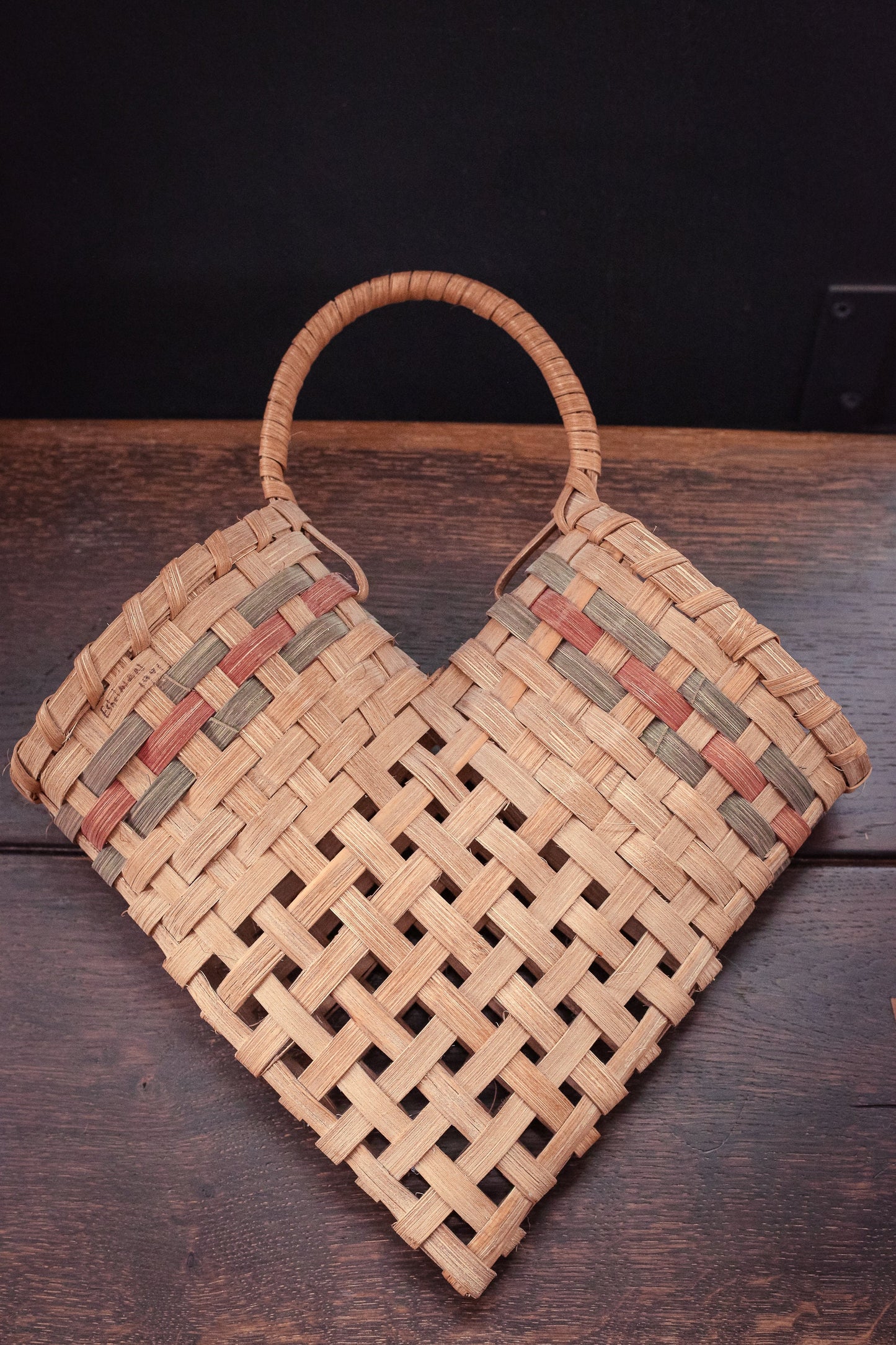 Multi Color V-shaped Wall Basket Signed by Maker - Vintage Splint Wood Basket