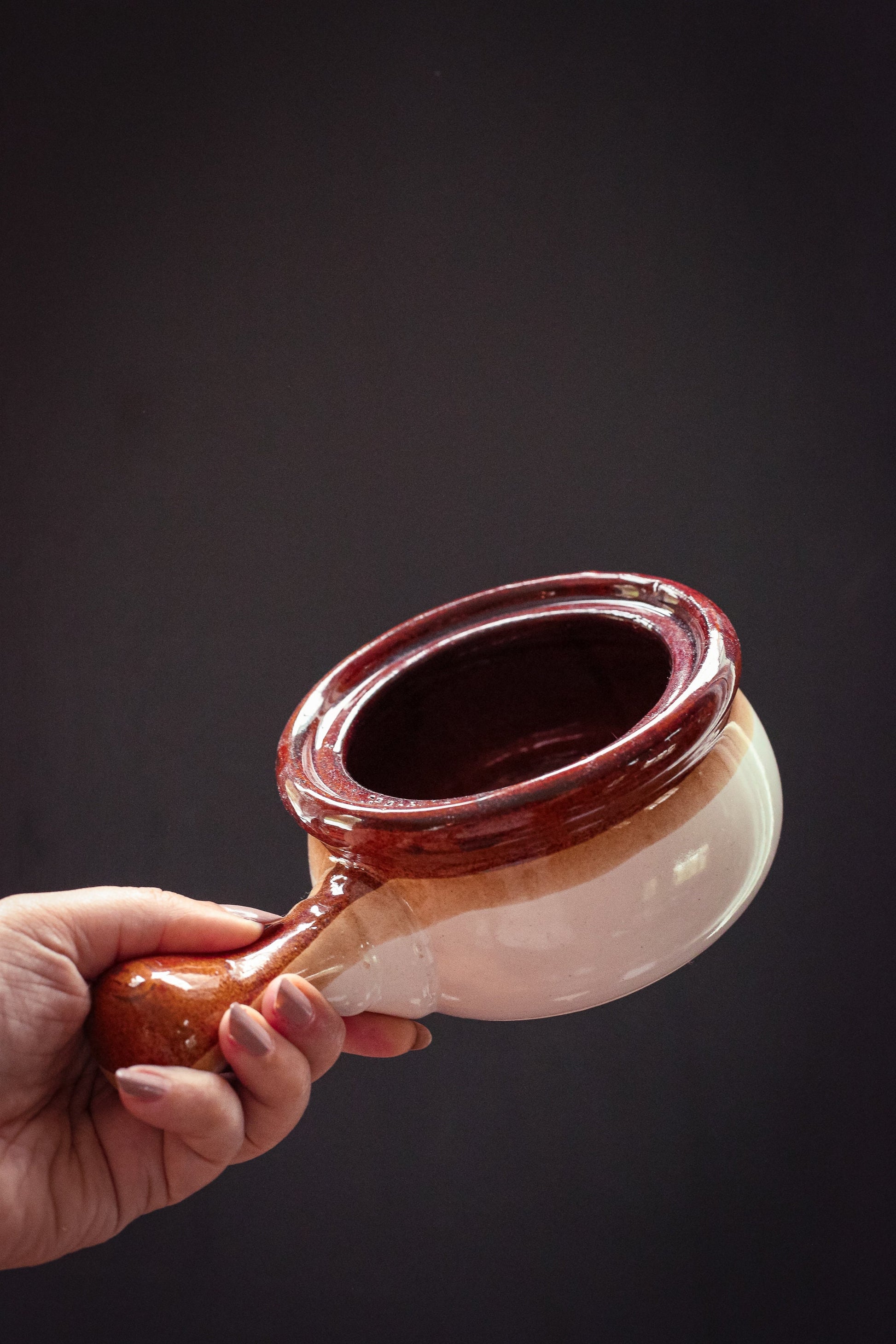 Pair of Tan/Brown Dip Glaze Soup Bowls with Handles - Vintage Soup Mugs set of 2