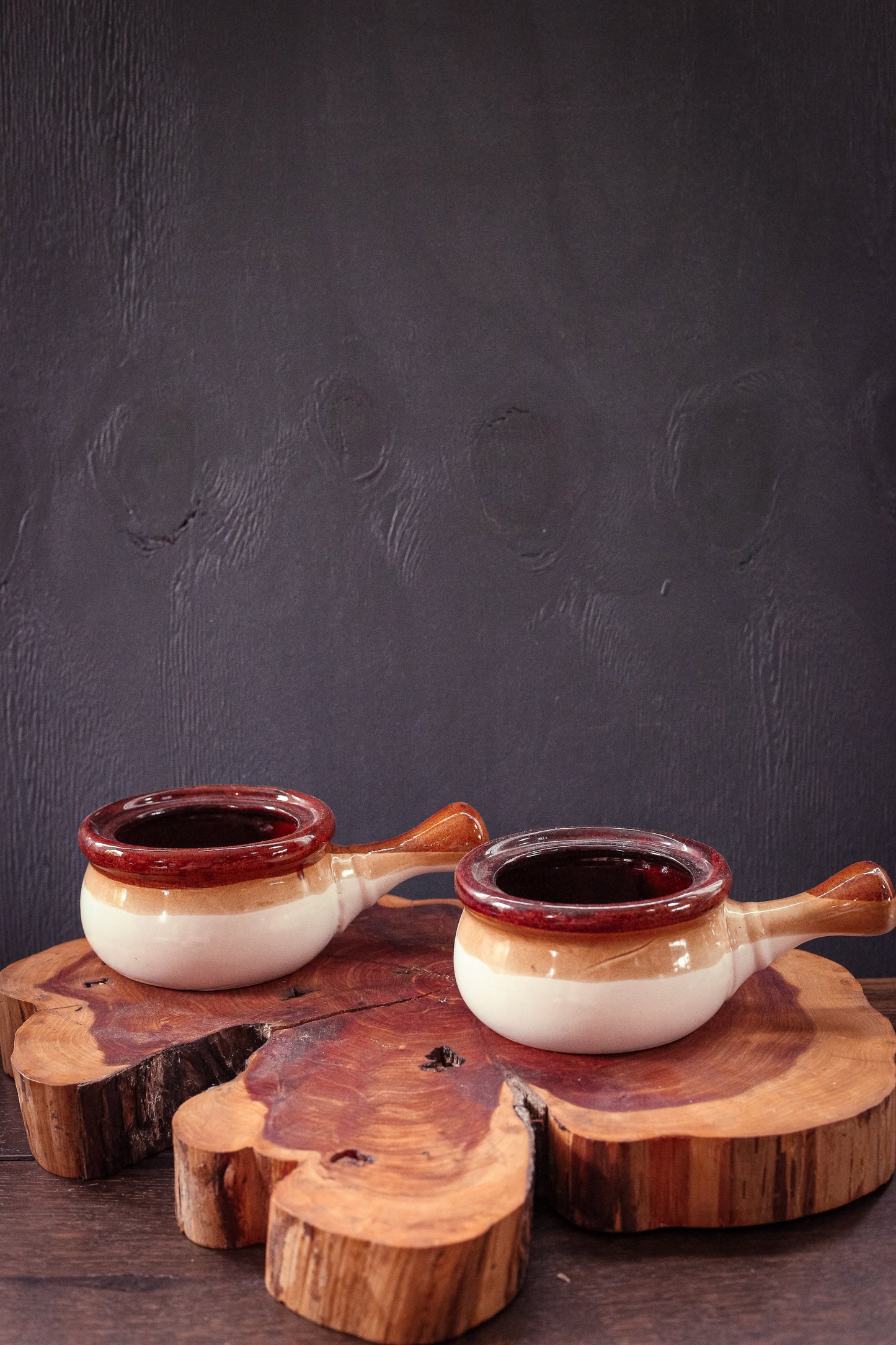 Pair of Tan/Brown Dip Glaze Soup Bowls with Handles - Vintage Soup Mugs set of 2