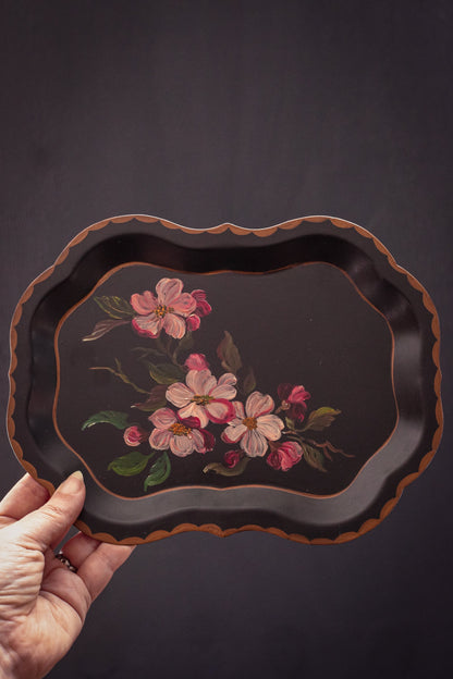 Small Apple Blossom Tole Painted Metal Tray - Vintage Floral Toleware Tray Black & Pink