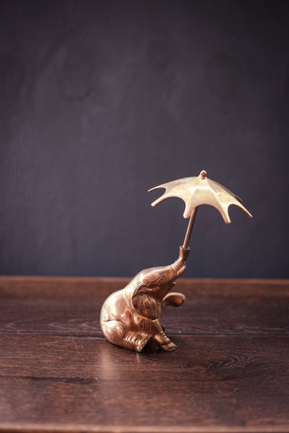 Brass Elephant with Umbrella - Vintage Brass Animal Figurine