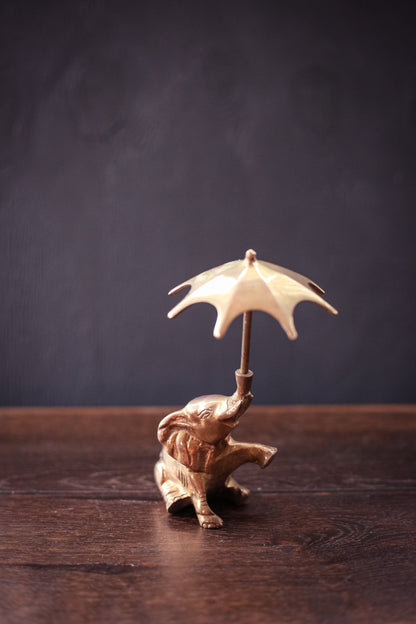 Brass Elephant with Umbrella - Vintage Brass Animal Figurine