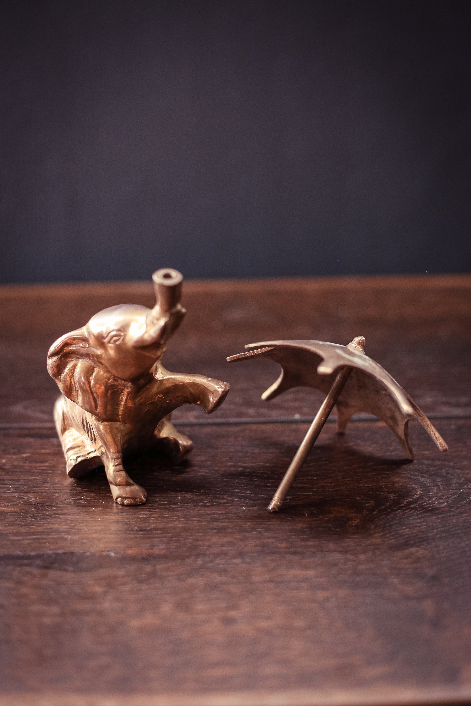 Brass Elephant with Umbrella - Vintage Brass Animal Figurine