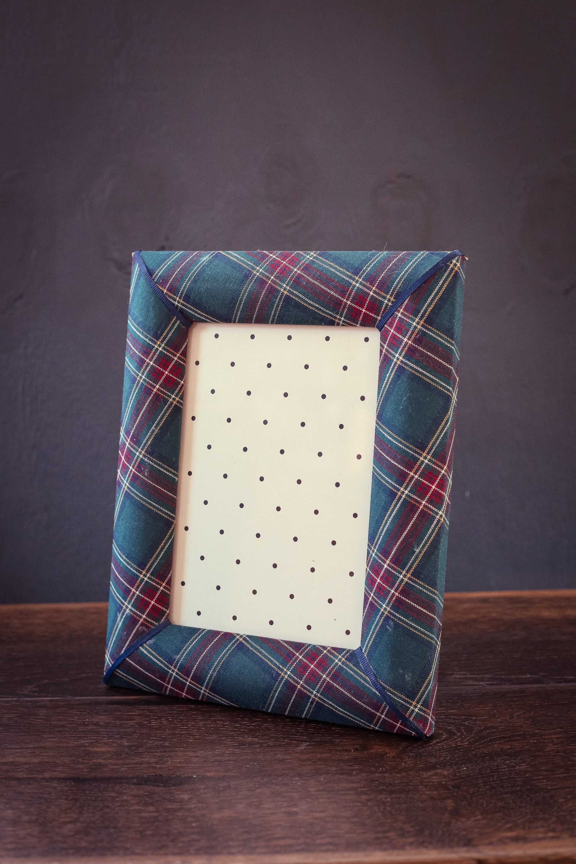 Green Blue Red Plaid Fabric Photo Frame with Grosgrain Accents - Vintage Tartan Picture Frame