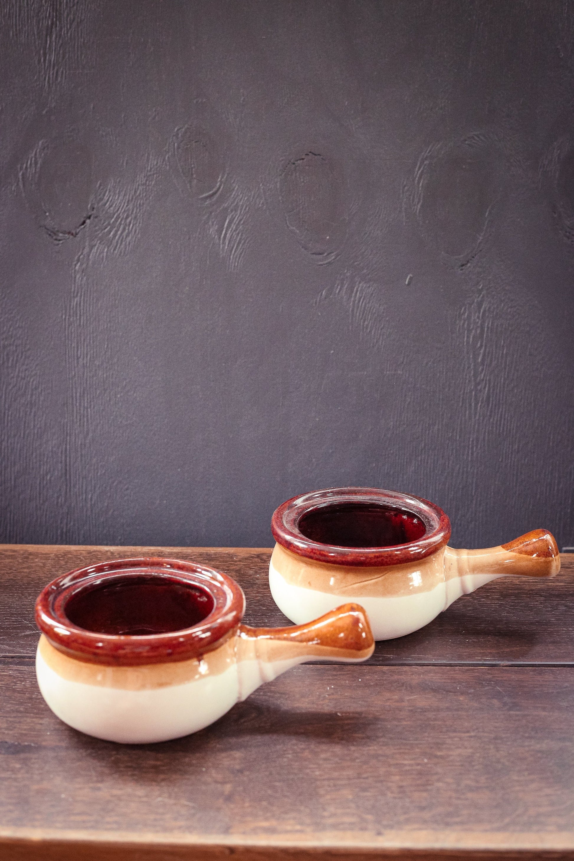 Pair of Tan/Brown Dip Glaze Soup Bowls with Handles - Vintage Soup Mugs set of 2