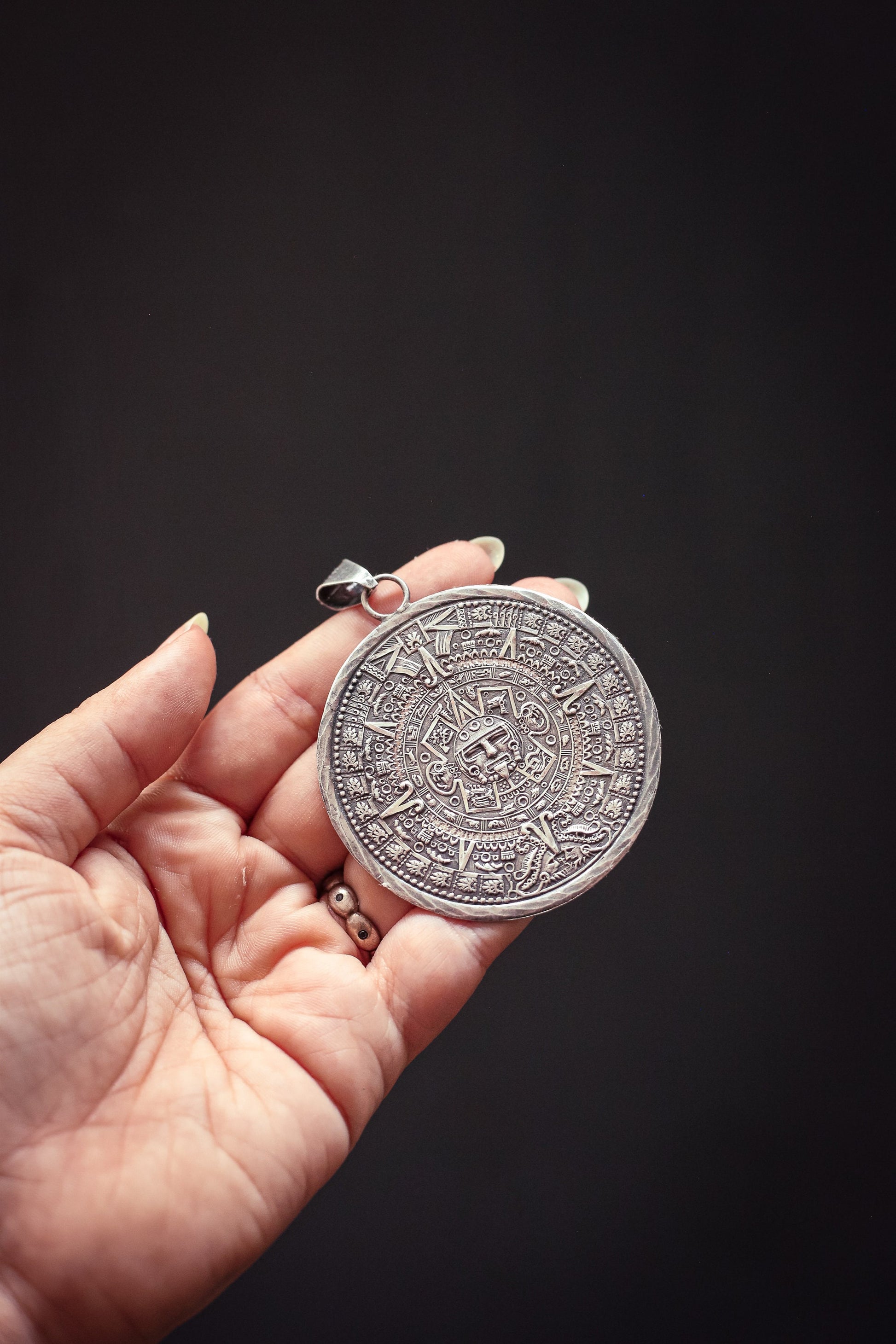 Mayan Sterling Silver Reversible Pendant - Vintage Estate Jewelry Two Sided Calendar