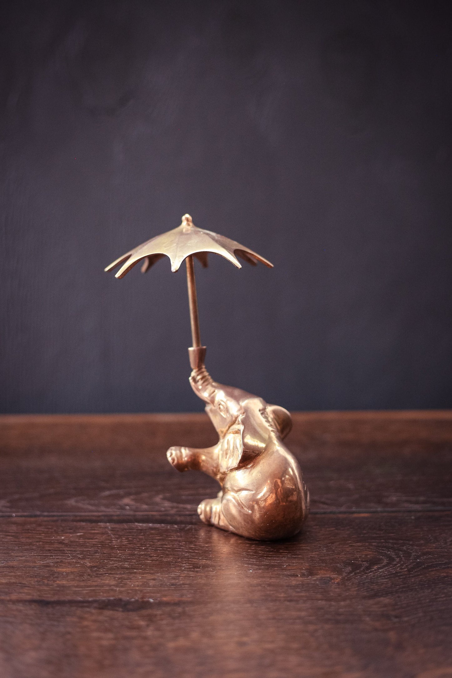 Brass Elephant with Umbrella - Vintage Brass Animal Figurine