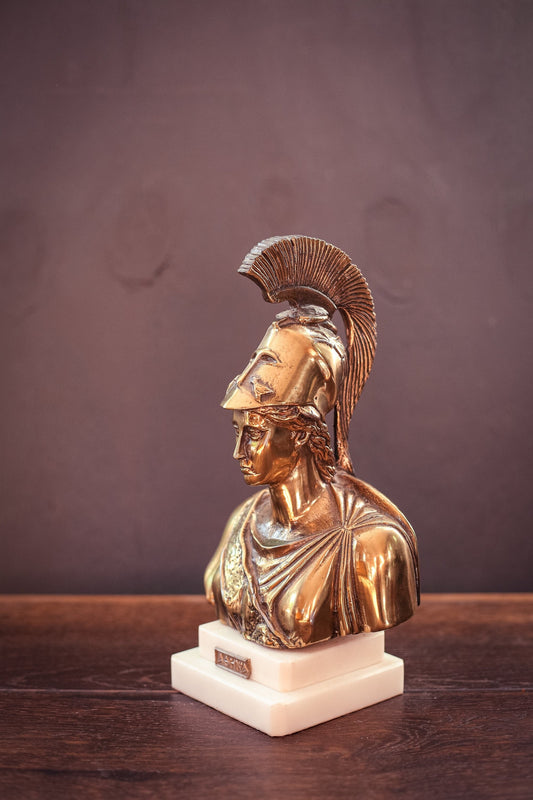 Bust of Athena in Brass/Polished Bronze on Marble Base - Vintage Greek/Roman Goddess of War Statue