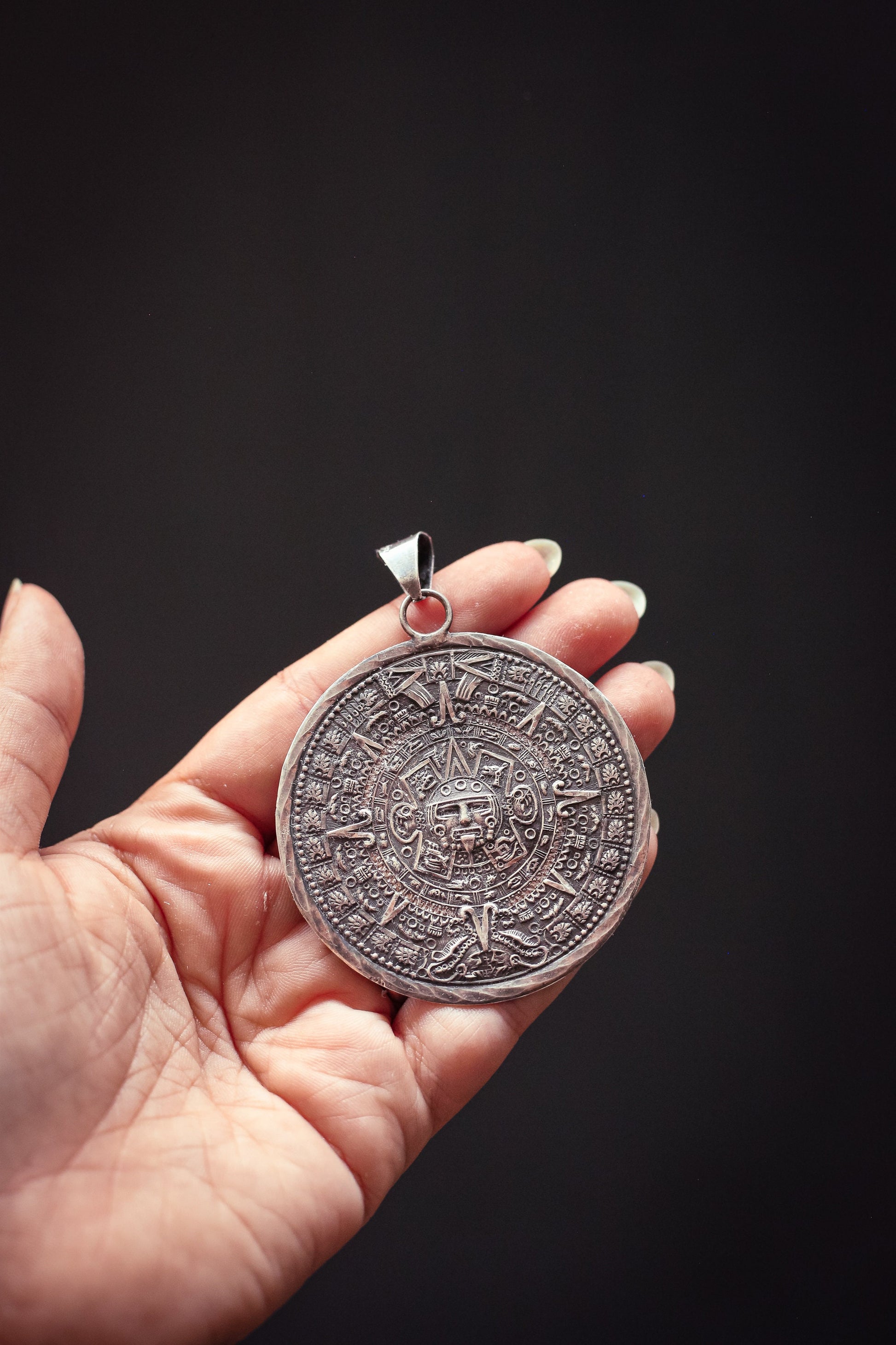 Mayan Sterling Silver Reversible Pendant - Vintage Estate Jewelry Two Sided Calendar