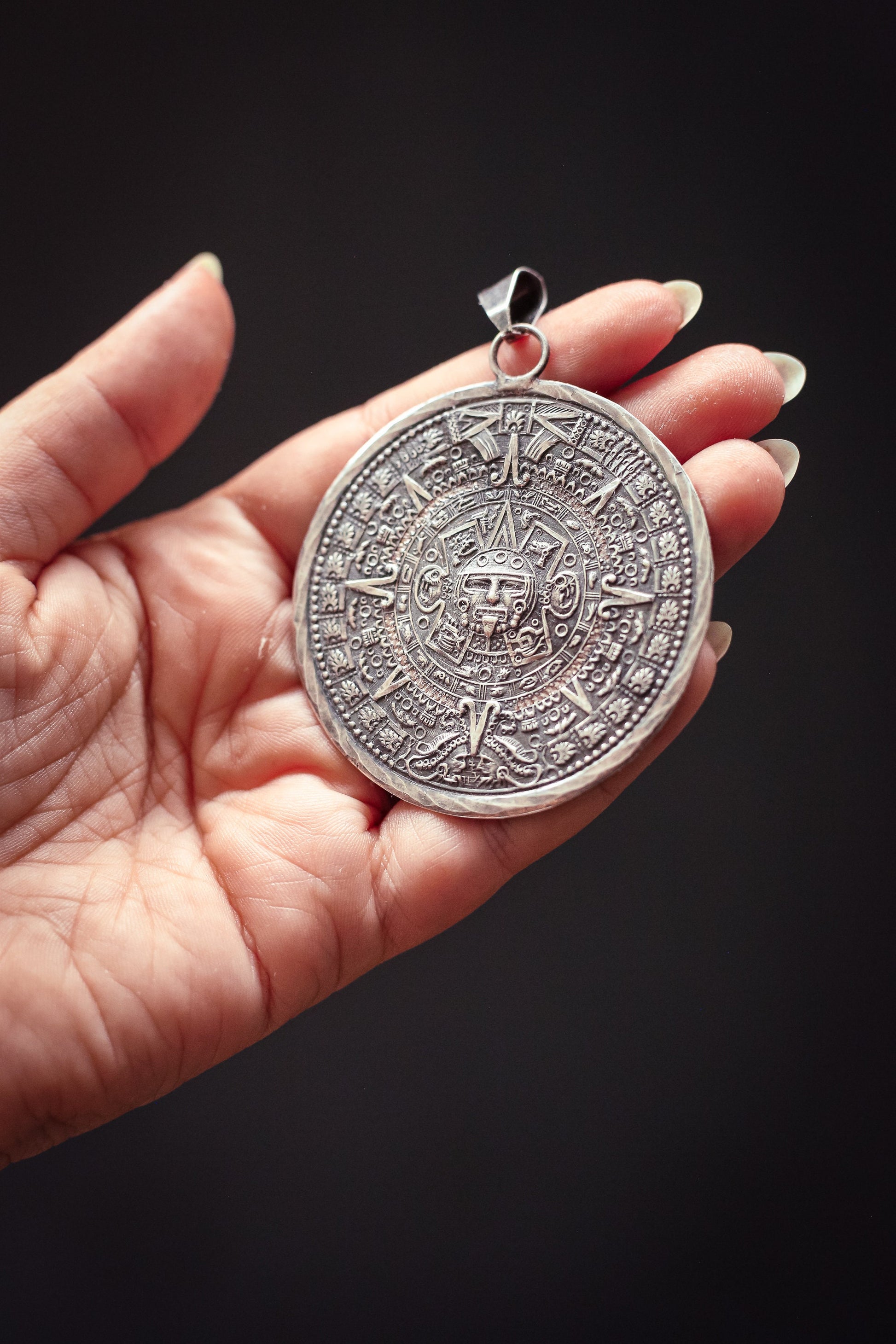 Mayan Sterling Silver Reversible Pendant - Vintage Estate Jewelry Two Sided Calendar