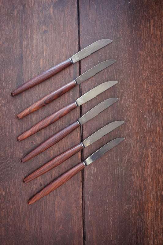 Set of 6 Midcentury Modern Wood Handle & Stainless Steel Knives - Vintage Steak Knife Set with Box