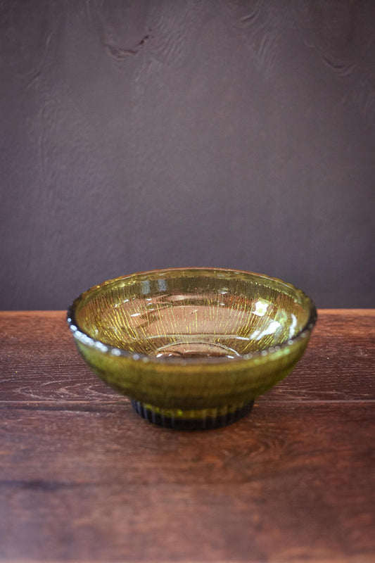 Olive Green Textured Bowl Vase FTD 1957 - Vintage Green Glass Floral Vase