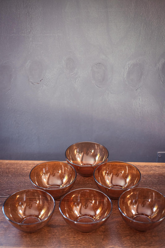 Set of 6 Amber Glass Midcentury Modern Bowls - Vintage MCM Glass Bowls Arcopal France