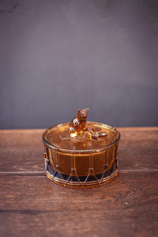 Amber Glass Drum Jar with Cat Lid Portieux Vallerysthal - Antique Amber Glass Candy Dish