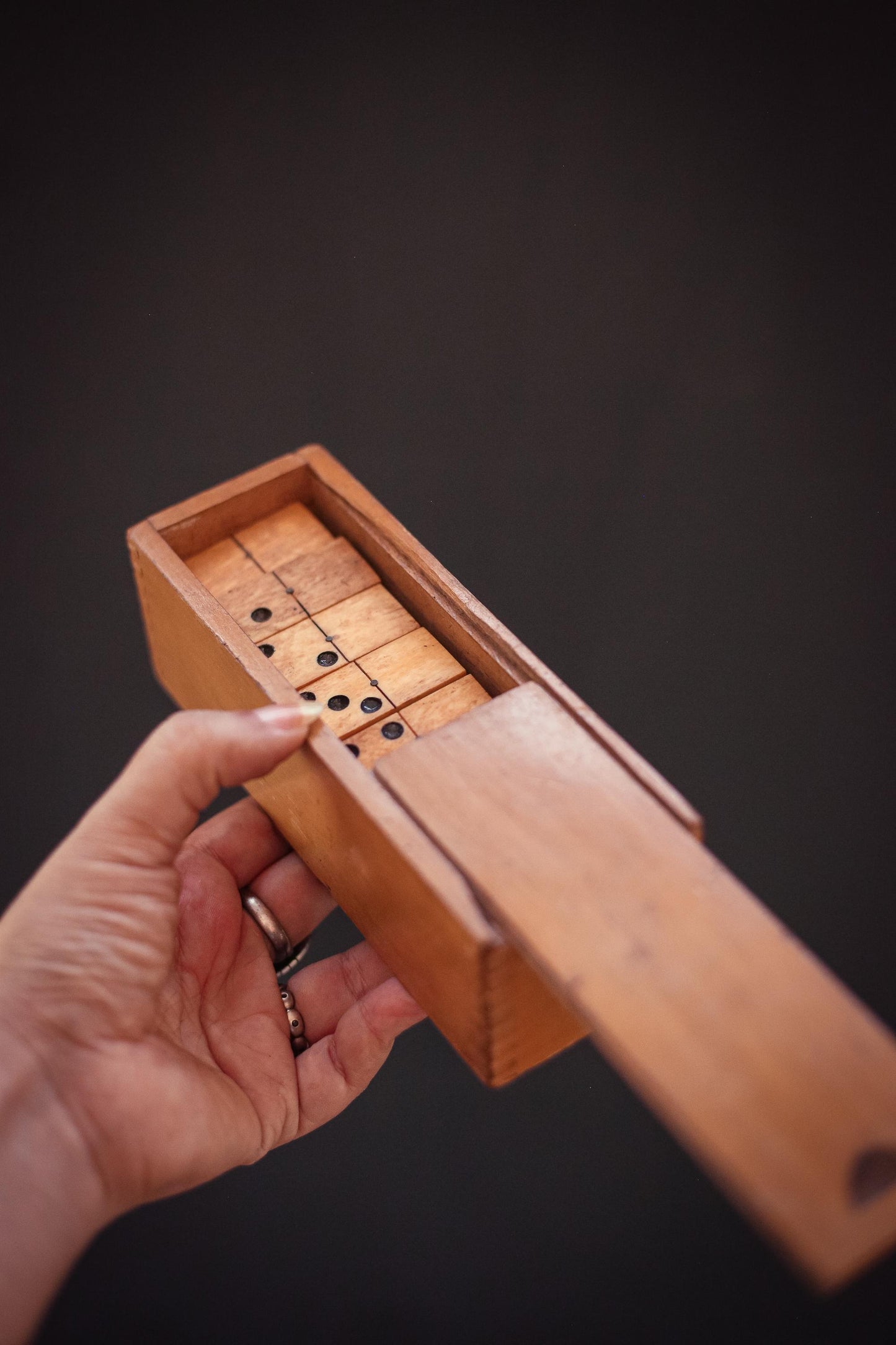 Ebony Wood and Bone Domino Set with Wooden Box - Vintage Game Collectible