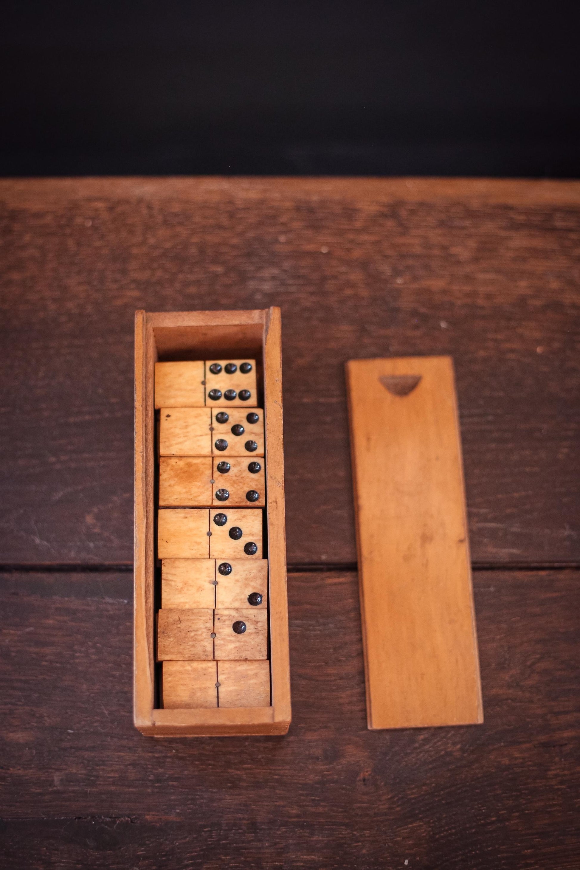 Ebony Wood and Bone Domino Set with Wooden Box - Vintage Game Collectible