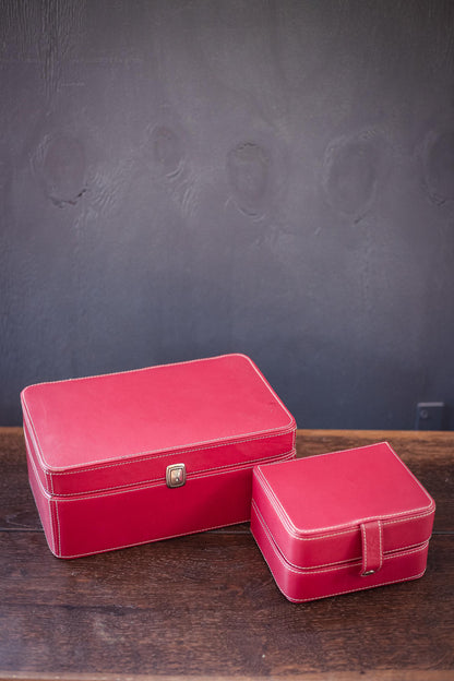 Fossil Red Leather Jewelry Box Set - Vintage Leather Travel Case *see description for condition