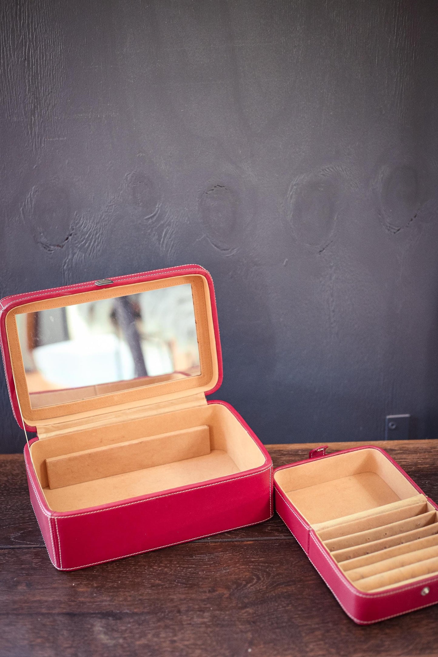 Fossil Red Leather Jewelry Box Set - Vintage Leather Travel Case *see description for condition