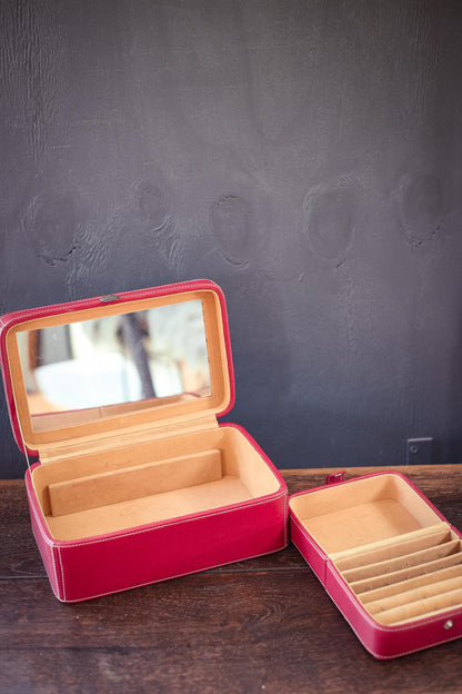 Fossil Red Leather Jewelry Box Set - Vintage Leather Travel Case *see description for condition