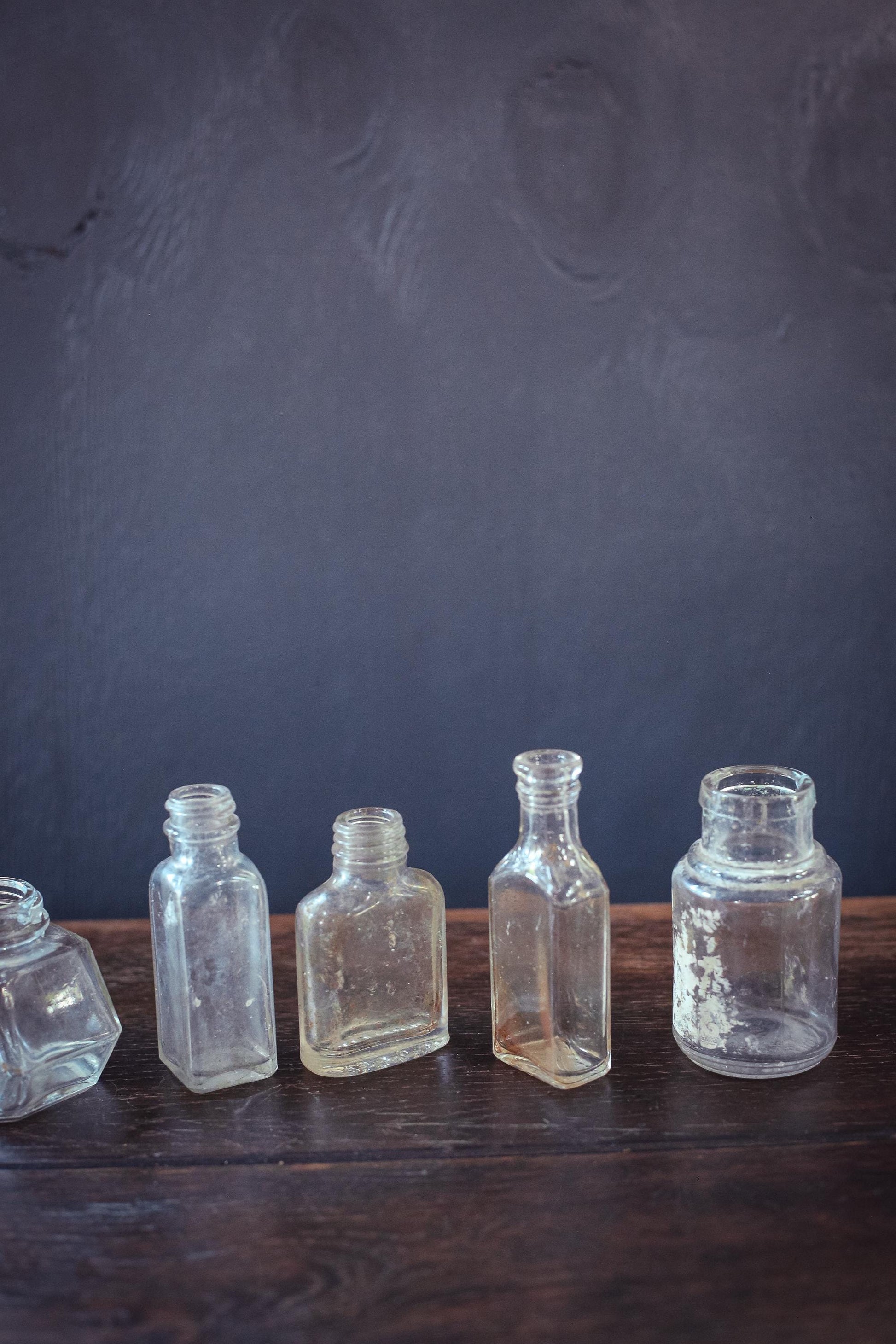 Set of 7 Glass Apothecary Bottles - Vintage Antique Clear Glass Bottle Bud Vases