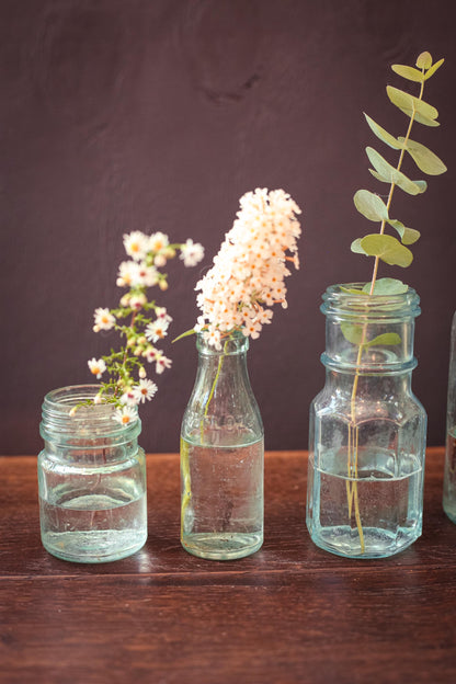 Set of 5 Aqua Blue Glass Apothecary Bottles - Vintage Antique Light Blue Glass Bottle Bud Vases