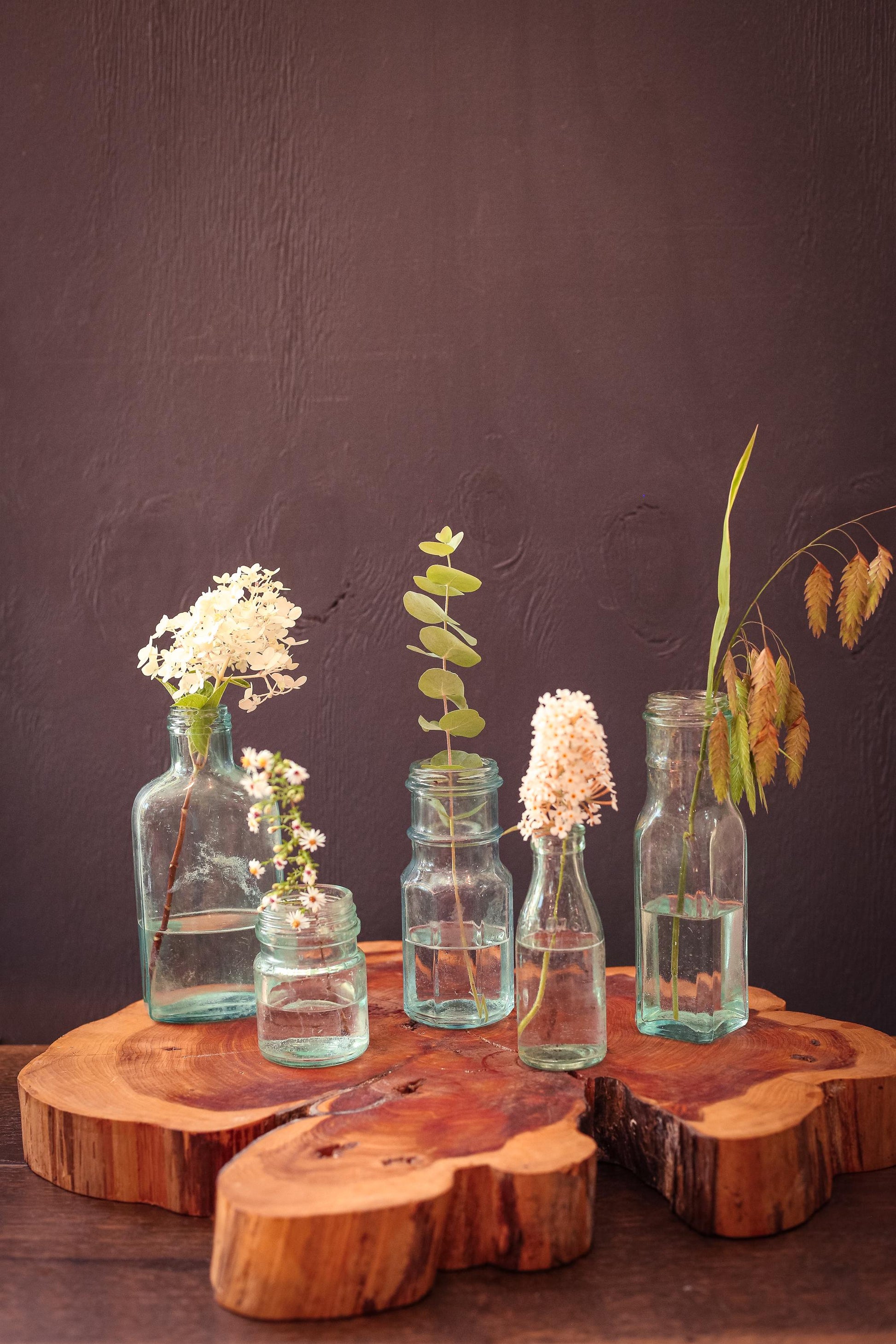 Set of 5 Aqua Blue Glass Apothecary Bottles - Vintage Antique Light Blue Glass Bottle Bud Vases