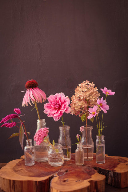 Set of 7 Small Glass Apothecary Bottles - Vintage Antique Clear Glass Bottle Bud Vases