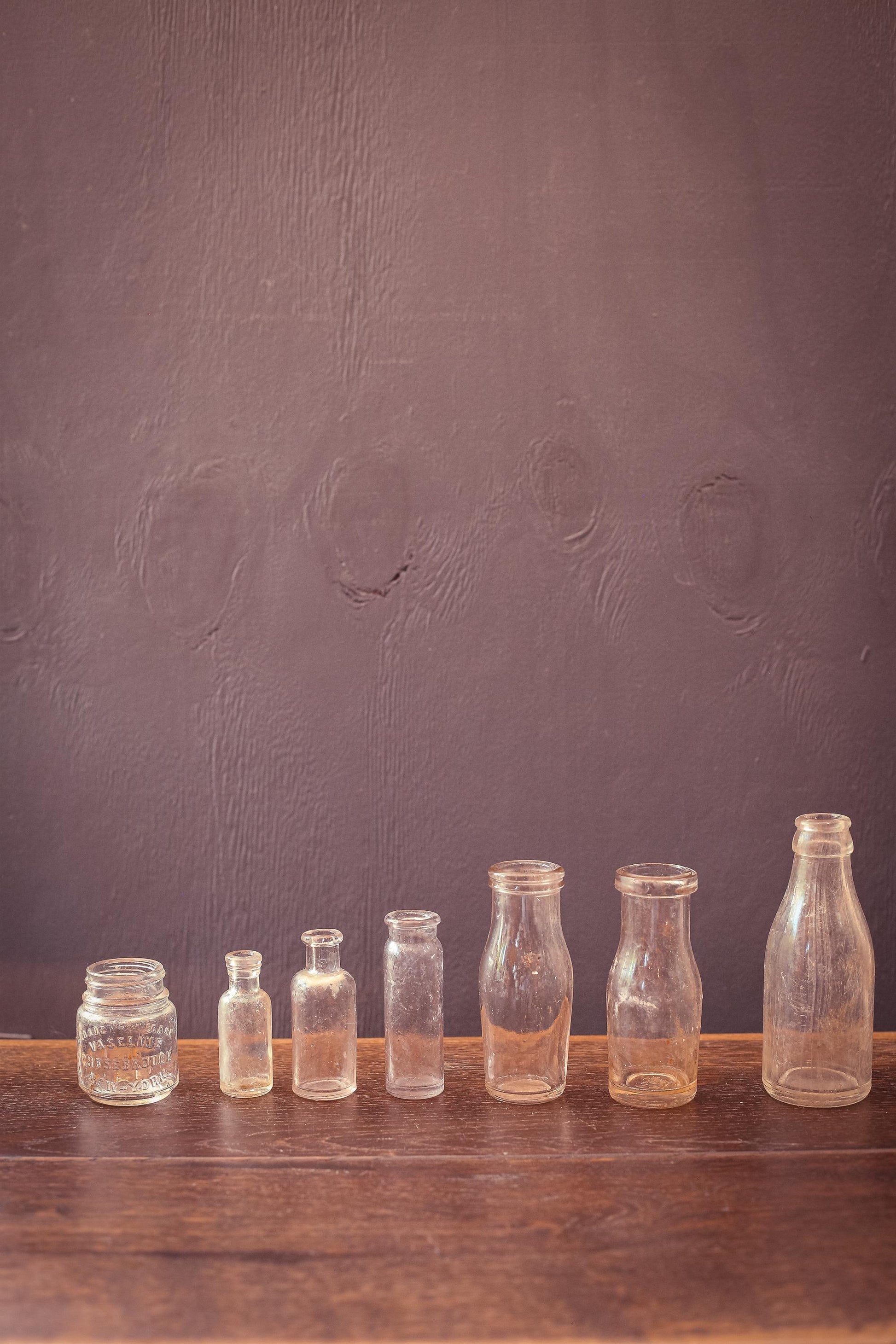 Set of 7 Small Glass Apothecary Bottles - Vintage Antique Clear Glass Bottle Bud Vases