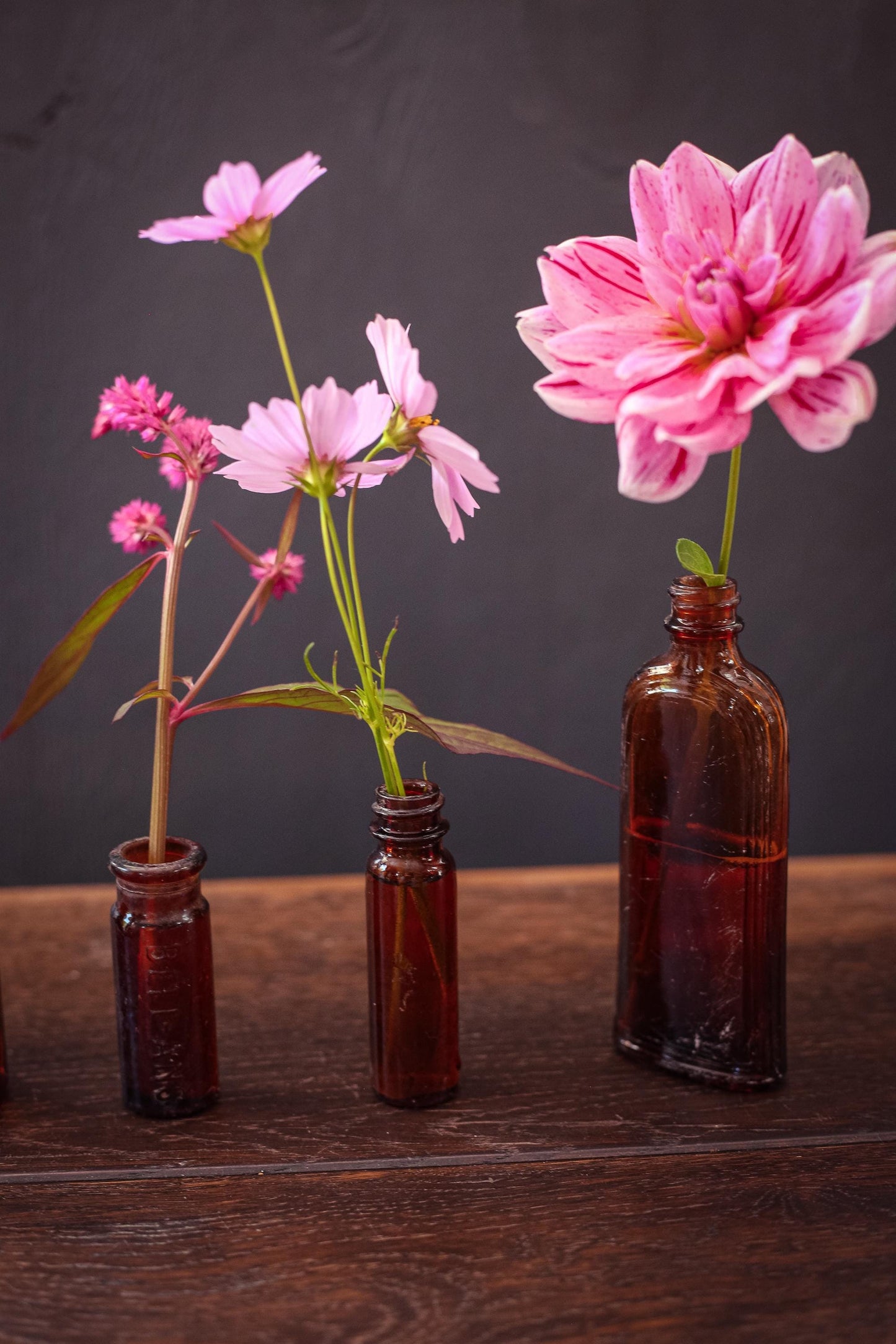 Set of 6 Brown Glass Apothecary Bottles - Vintage Antique Amber Glass Bottle Bud Vases