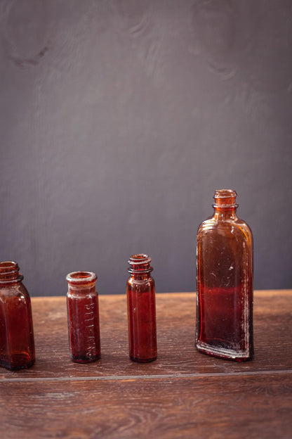 Set of 6 Brown Glass Apothecary Bottles - Vintage Antique Amber Glass Bottle Bud Vases