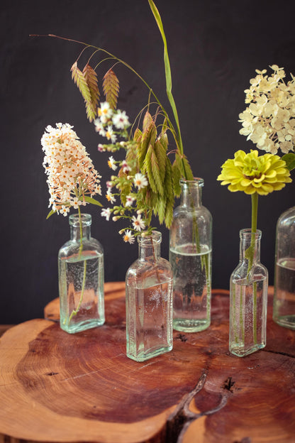 Set of 5 Aqua Blue Glass Apothecary Bottles - Vintage Antique Light Blue Glass Bottle Bud Vases