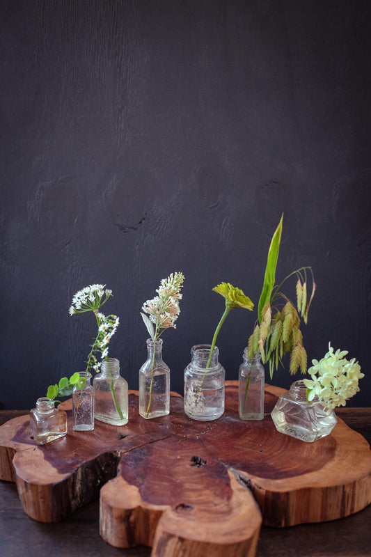 Set of 7 Glass Apothecary Bottles - Vintage Antique Clear Glass Bottle Bud Vases