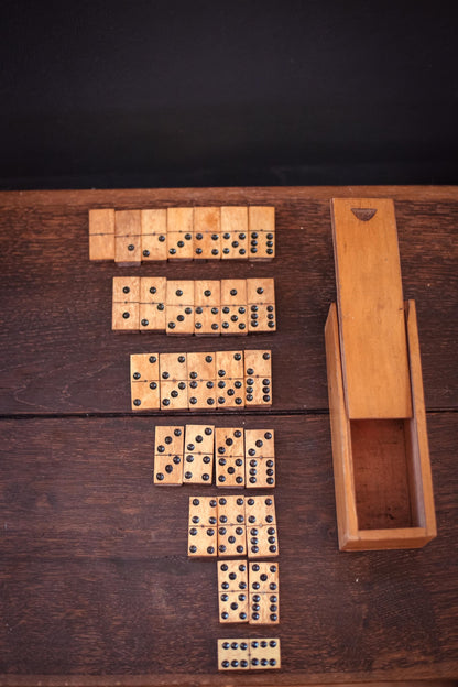 Ebony Wood and Bone Domino Set with Wooden Box - Vintage Game Collectible