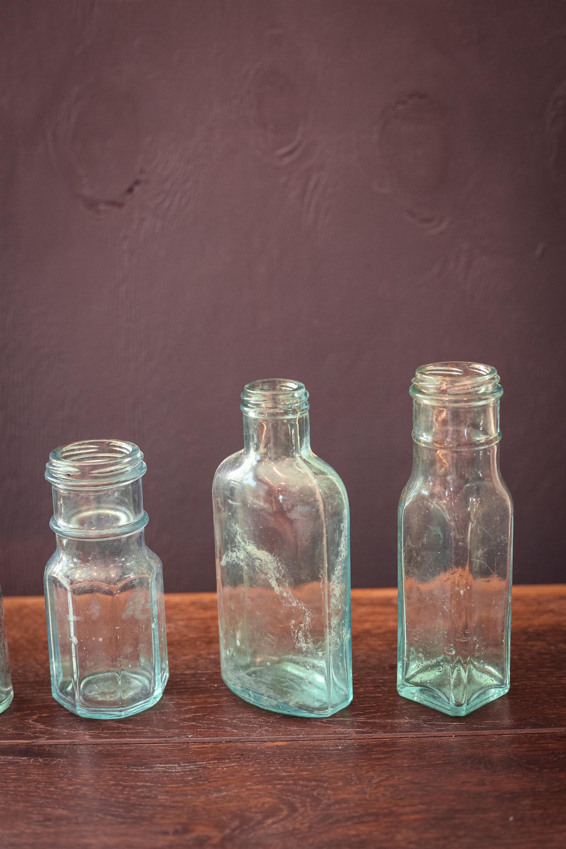 Set of 5 Aqua Blue Glass Apothecary Bottles - Vintage Antique Light Blue Glass Bottle Bud Vases