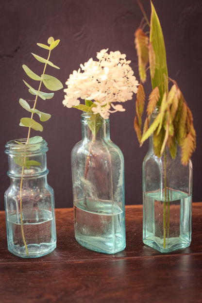 Set of 5 Aqua Blue Glass Apothecary Bottles - Vintage Antique Light Blue Glass Bottle Bud Vases