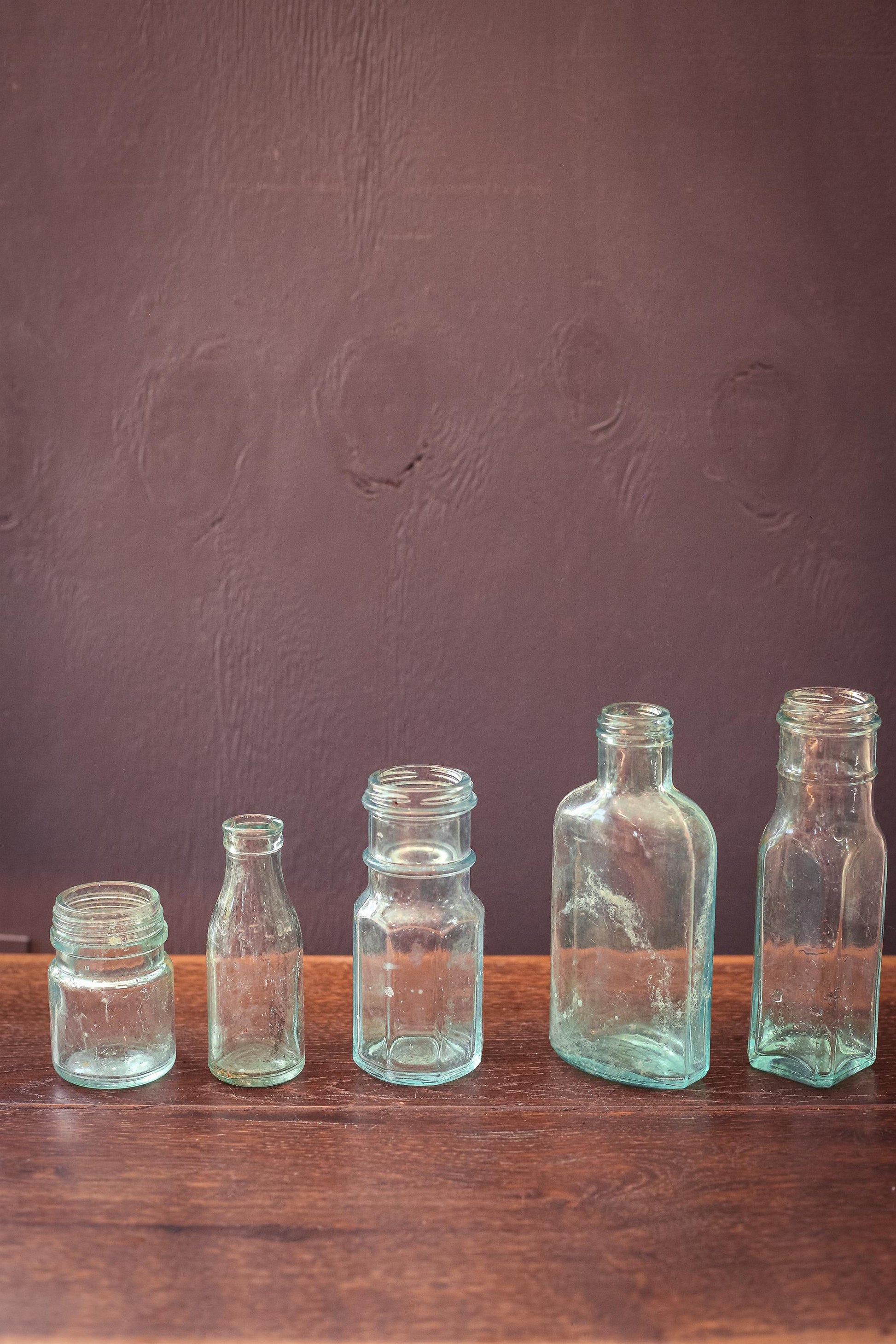 Set of 5 Aqua Blue Glass Apothecary Bottles - Vintage Antique Light Blue Glass Bottle Bud Vases