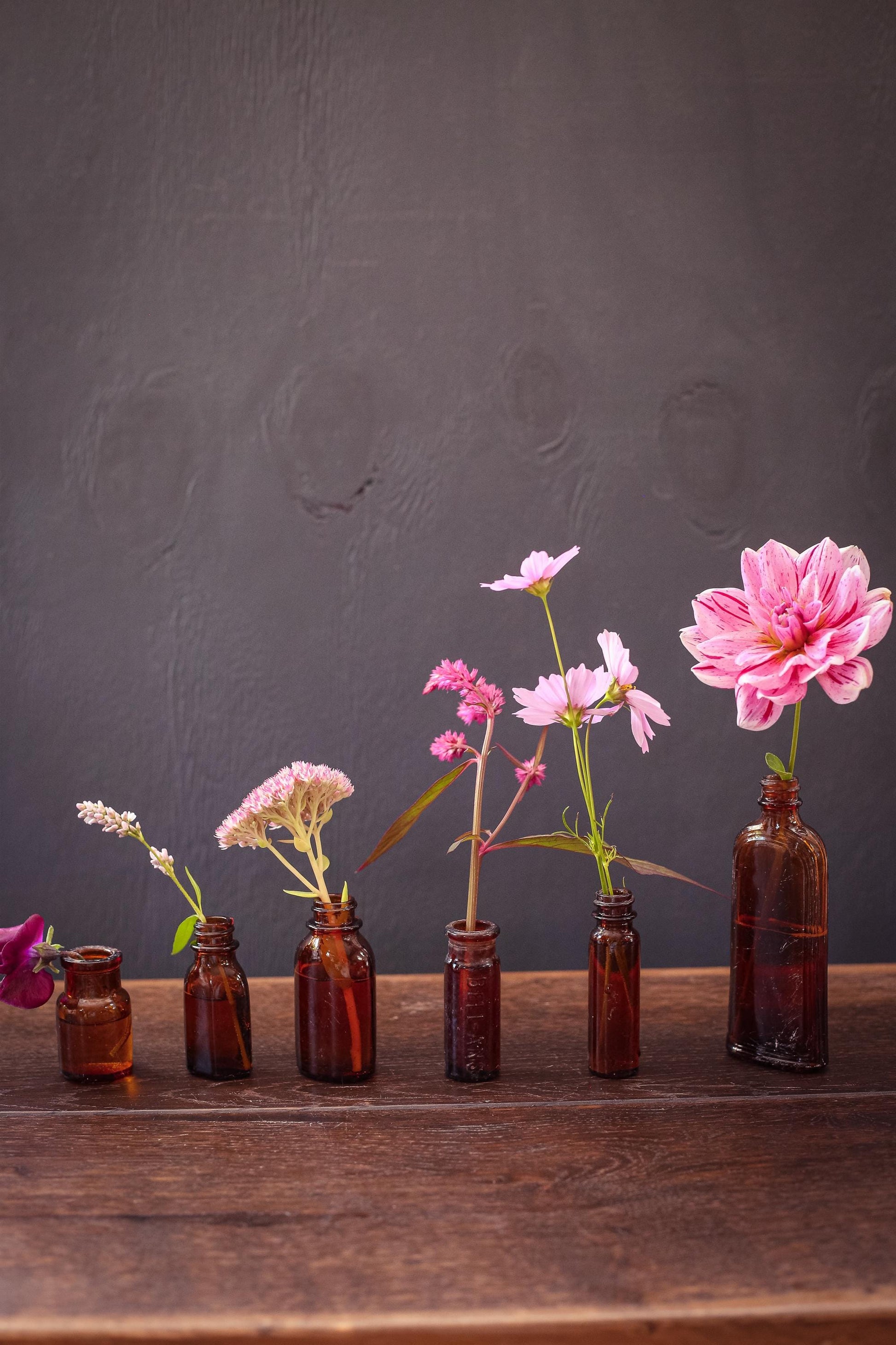 Set of 6 Brown Glass Apothecary Bottles - Vintage Antique Amber Glass Bottle Bud Vases