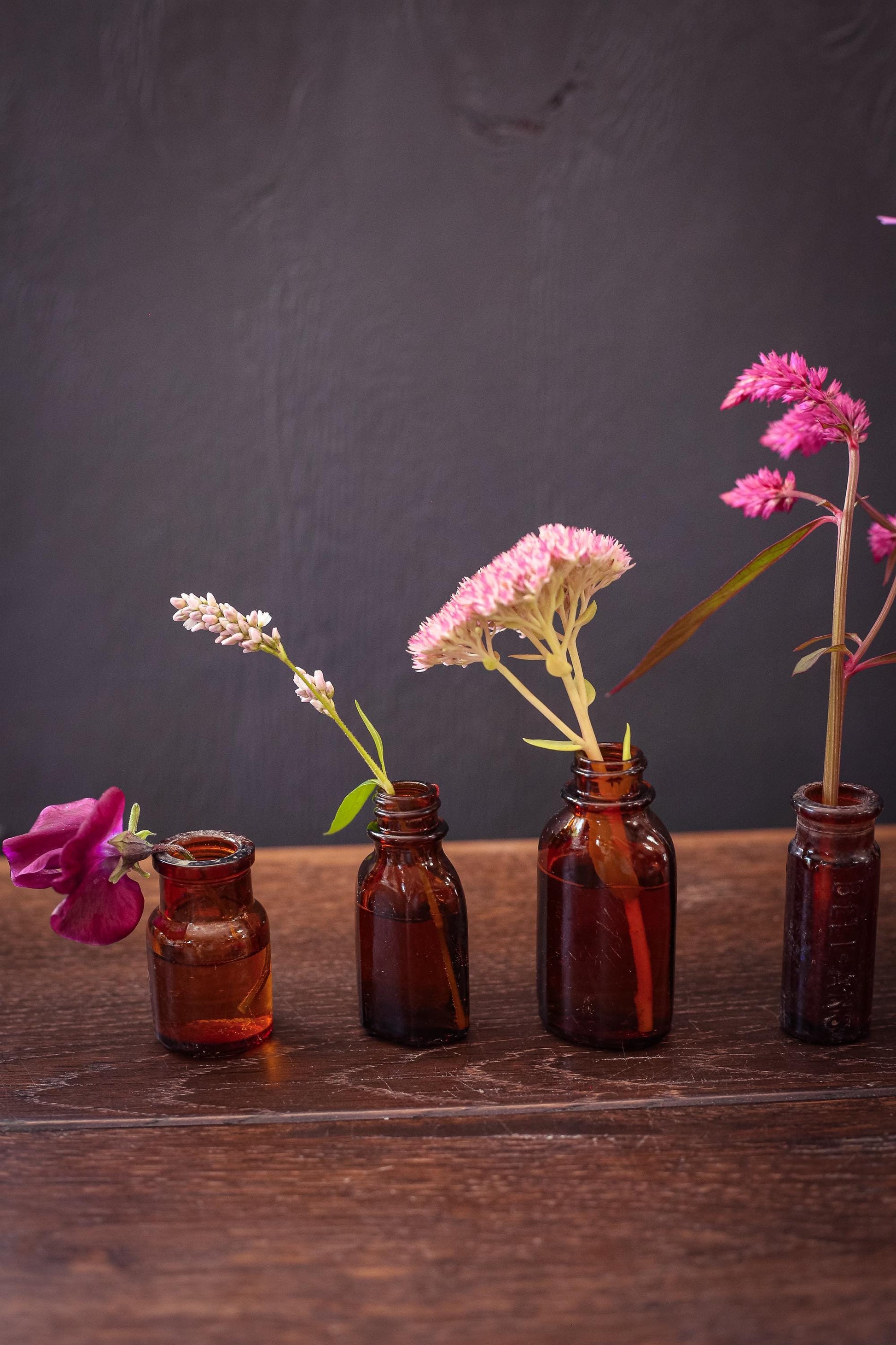 Set of 6 Brown Glass Apothecary Bottles - Vintage Antique Amber Glass Bottle Bud Vases