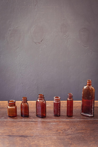 Set of 6 Brown Glass Apothecary Bottles - Vintage Antique Amber Glass Bottle Bud Vases