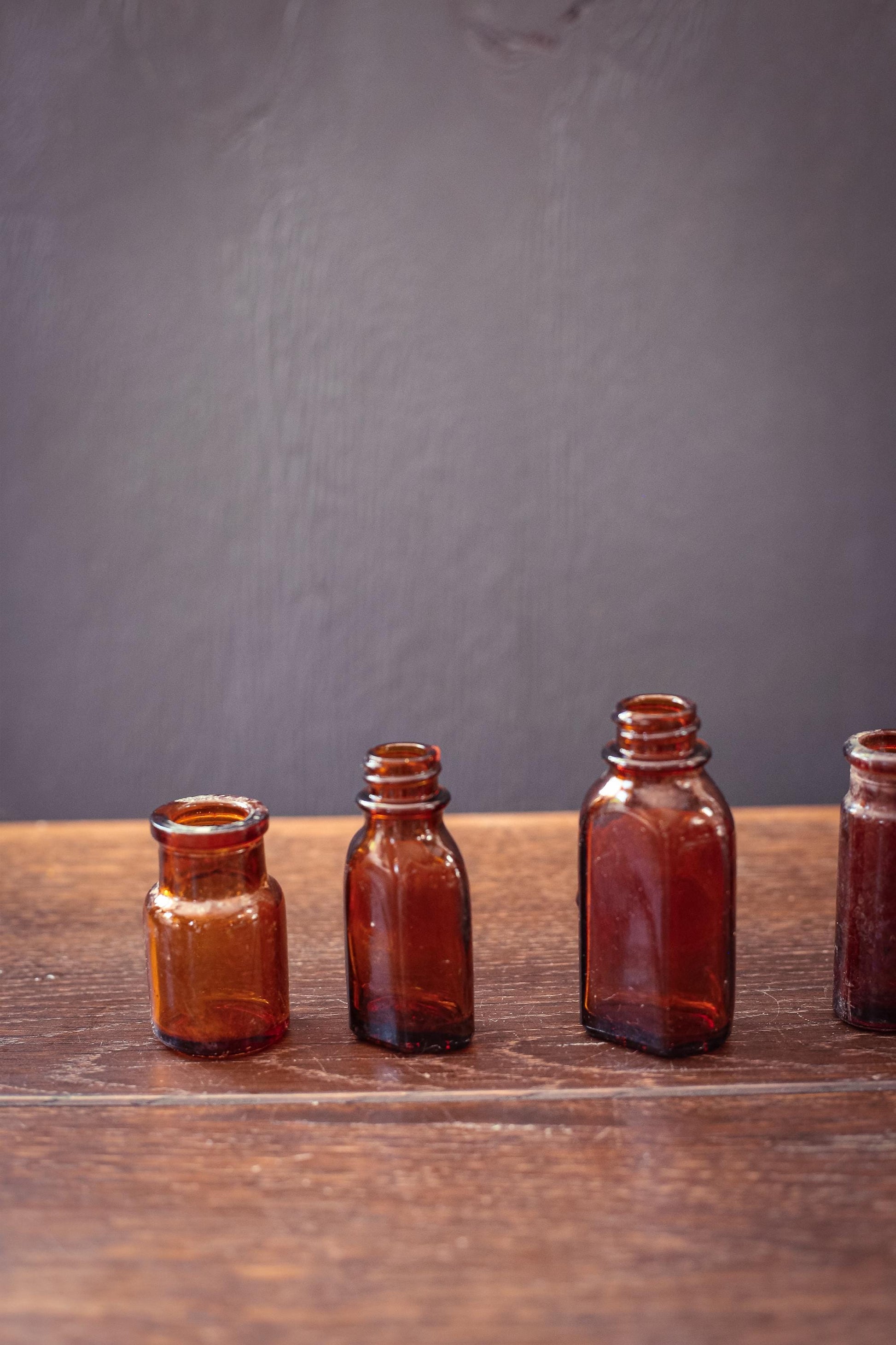 Set of 6 Brown Glass Apothecary Bottles - Vintage Antique Amber Glass Bottle Bud Vases