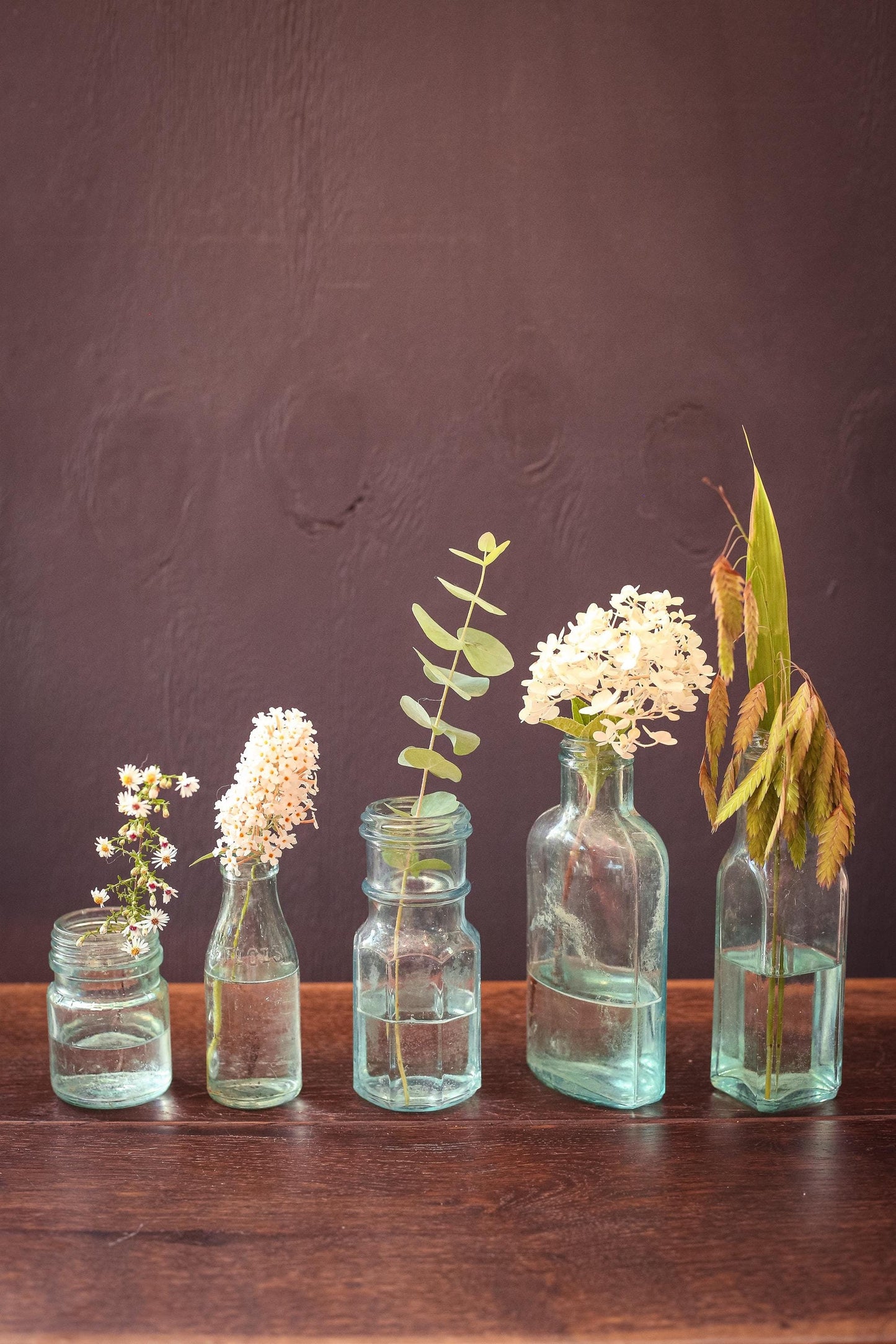 Set of 5 Aqua Blue Glass Apothecary Bottles - Vintage Antique Light Blue Glass Bottle Bud Vases